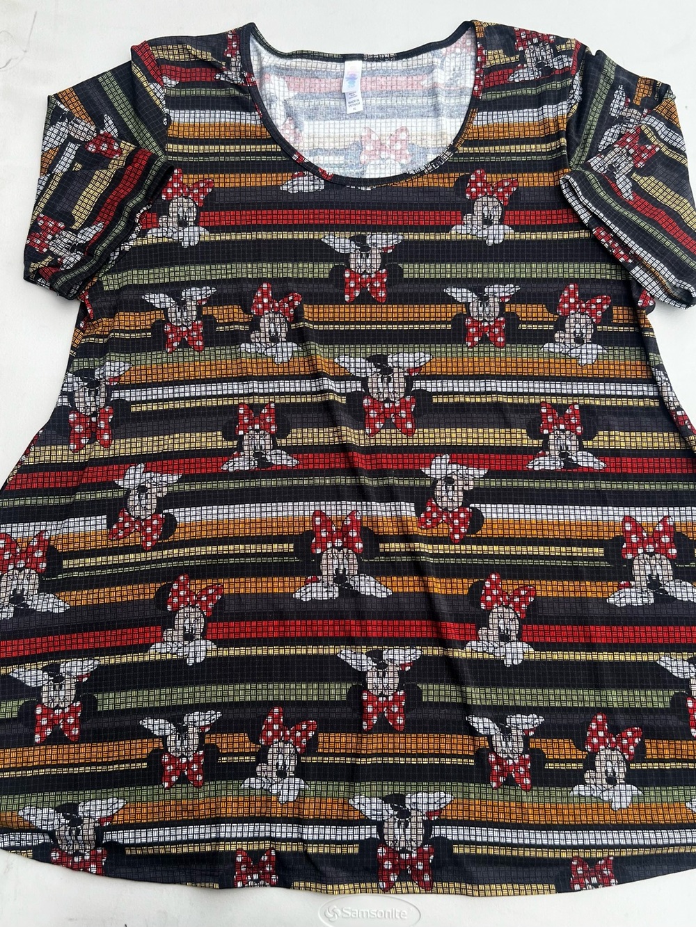 LuLaRoe Black Striped Minnie Mouse Scoop Neck Tunic with Red Bows